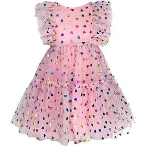 LOLA + THE BOYS Foil Rainbow Hearts Tulle Dress